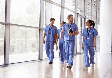 medical workers in hospital hall