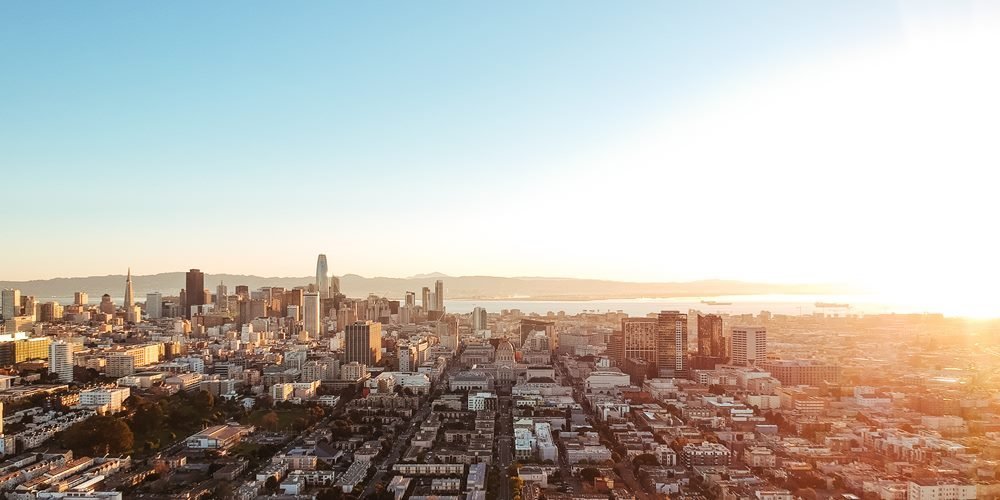 Aerial view of San Francisco at sunset